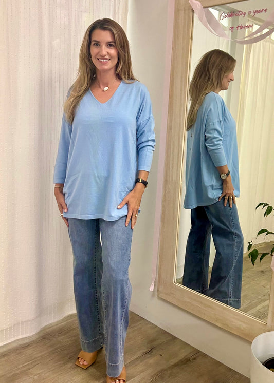 Stella V Neck Knit Top Sky Blue